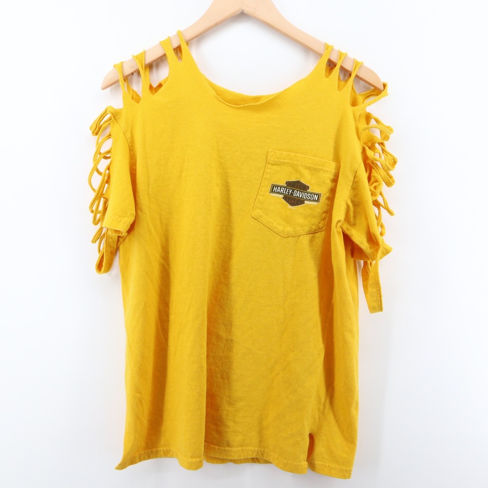 Harley Davidson Shirt Womens Large Yellow Vintage 2014 Shredded Distressed Tee